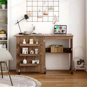 Sewing Machine Craft Table Desk Cart Shelves Storage Brown Folding 5 Wheels New - Picture 1 of 10