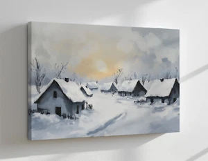 Snowy Winter Scene Village Houses Vintage Painting Canvas Print Wall Hanging Art - Picture 1 of 9