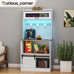 65 in Kitchen Pantry Bakers Rack with Power Outlets LED Coffe Microwave Cabinet - Picture 1 of 9