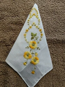 Besticktes GELBE BLUME weiß Baumwolle Taschentuch Taschentuch Floral unbenutzt - Bild 1 von 2
