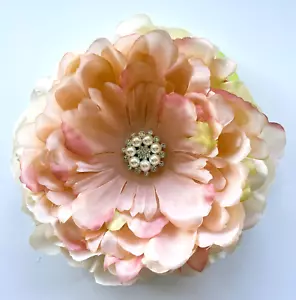 Large 6.5" Peach Pink Peony Silk Flower BROOCH PIN Rhinestone & Pearl Cabochon - Picture 1 of 3