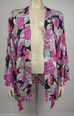 Poncho Trina Turk colorido floral con flecos delantero abierto cubierta talla única OSFA Foto 1 de 4