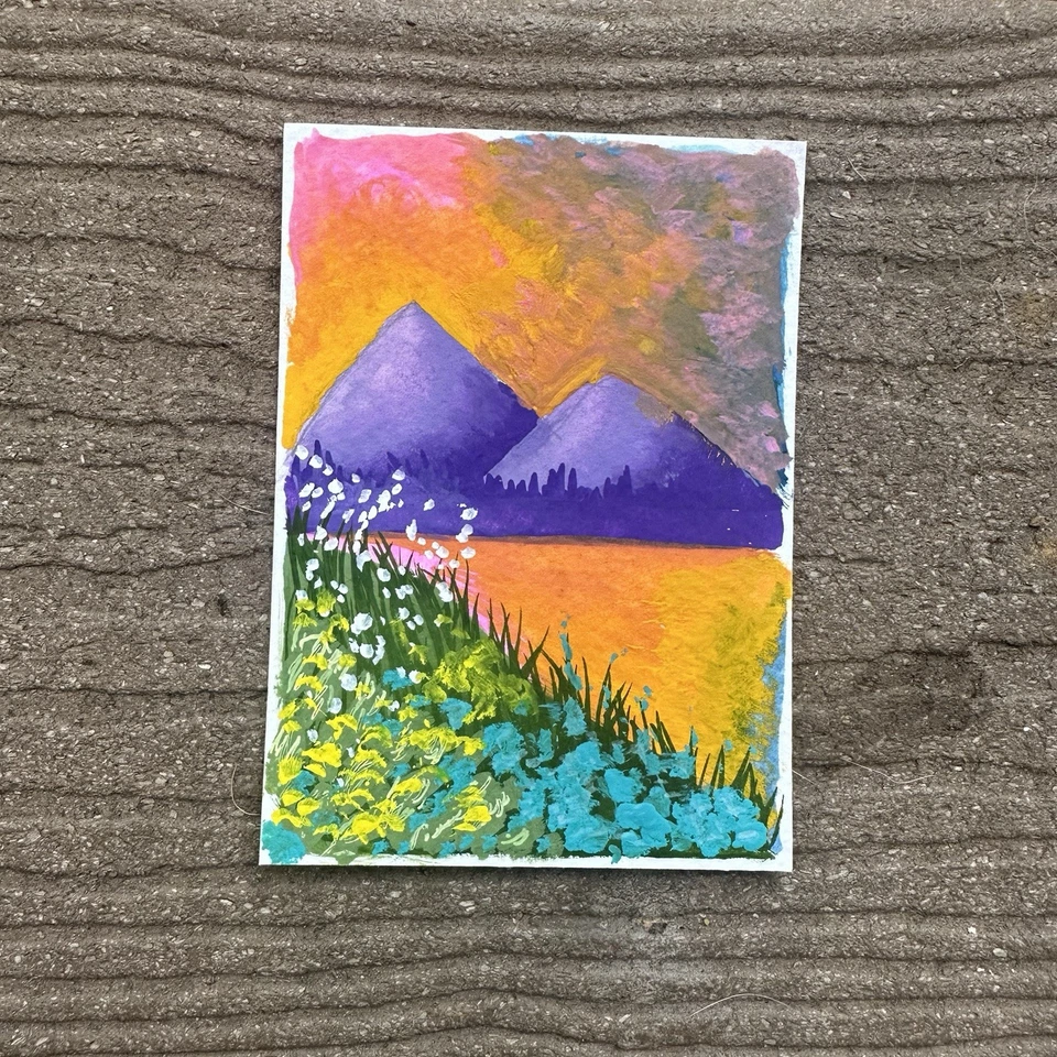 Tarjeta de arte de pintura Aceo Original Mountains Over Lake Sunset Gouache Foto 1 de 1