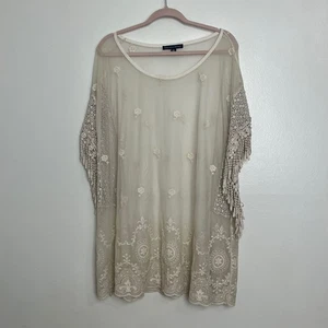 Saks Fifth Avenue italienische Seidenmischung durchsichtig bestickt Fransen Boho Tunika Top XL - Bild 1 von 6
