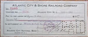 Atlantic City & Shore Railroad Company 1912 Bank Check/Cheque - New Jersey NJ