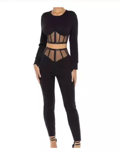 NEW! 2 PIECE SET BLACK BANDAGE TOP & PANT CORSET STYLE LUXURY CO-ORD RUNWAY SET - Picture 1 of 12