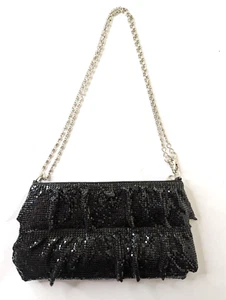 OZOC Japan Black Metallic Mesh Crossbody Bag with Ruffles & Removable Straps - Picture 1 of 10