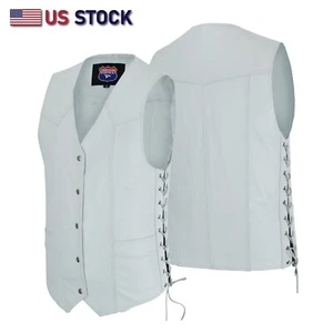 Men Motorcycle Leather Biker Vest Side Lace Pistol Pockets Patch HL11614 White - Picture 1 of 7