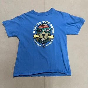 Volcom Stone Boys Large T-Shirt Blue Bad To The Bone Dog Logo Short Sleeve - Picture 1 of 6