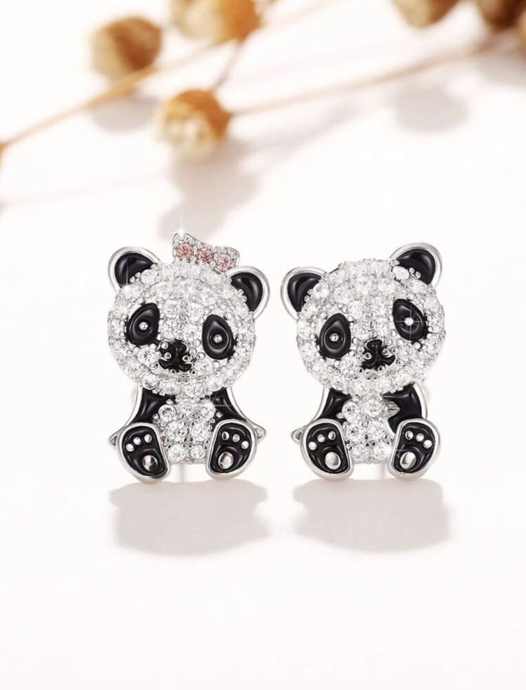 0.64Ct Zirconia & Silver Panda Earrings Cute Animal Stud Bear New