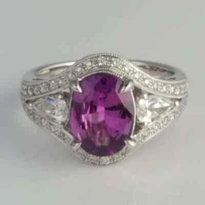 Fine Art Deco Simulated 2.41 Carat Oval Cut Purple-Pink Sapphire & White CZ Ring - Image 1 of 4