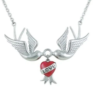 Love Swallows Necklace Couple Birds red Heart Pendant Stainless Steel - Picture 1 of 3