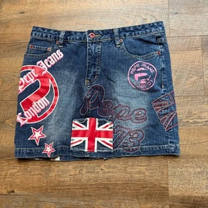 Pepe Jeans London 73 Denim Mini Skirt   Sz L All over print and embellishment - Picture 1 of 10