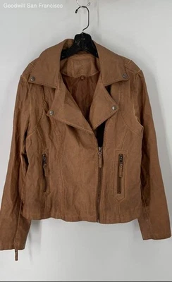 Max Studio 棕色长袖拉链口袋机车女式夹克,尺寸 L — 第 1/4 张图片