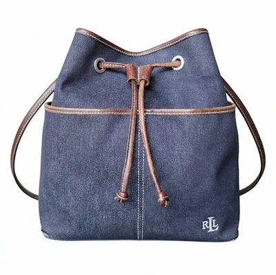 Vintage Lauren RALPH LAUREN Denim Leather Bucket Drawstring Purse Bag  - Image 1 of 4