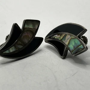 Vintage Abalone Onyx Inlay Sterling Silver Screw Back Earrings Made in Mexico - Picture 1 of 9