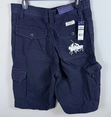 Polo Ralph Lauren Big White Pony Cargo Shorts Navy Blue Distressed Size 32 READ - Image 1 of 4
