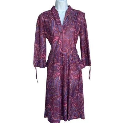 Vintage 60s ILGWU Paisley Peplum Nylon Dress 3/4 Sleeves Multicolor Size S/M USA - Image 1 of 3