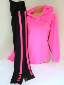 Victoria Secret ATOMIC PINK SCRIPT PULLOVER VELOUR HOODIE LEGGING PANT L XL SET - Picture 1 of 7