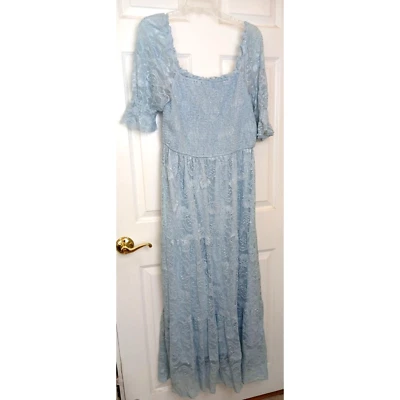 Blue Lace Maxi Dress Womens Large L Elastic Bust & Sleeves Fairy Lined #E-17 - Image 1 of 4
