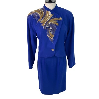 Cache Skirt Suit Womens Vintage Size 4 Blue Pure Wool By Joseph Ho Applique - Image 1 of 4