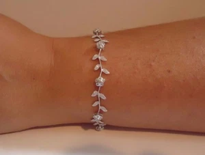 FLOWER LEAF BRACELET W/ LAB DIAMONDS/ 925 STERLING SILVER / LENGTH 7'' - Picture 1 of 8