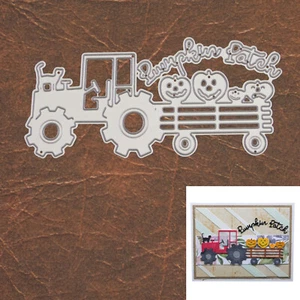 Pumpkin Patch Halloween Tractor w Trailer Cutting Die–Cat Jack-o-Lanterns Script - Picture 1 of 2