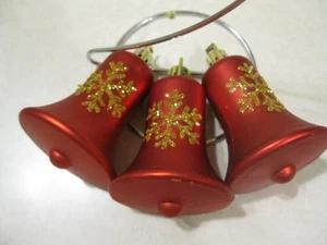3 Christmas Plastic Bells Red w/Snowflakes w/Gold Glitter 3 x 2" VGC - Picture 1 of 7
