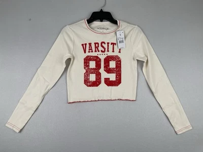 Top corto moderno Lux Varsity Prep para mujer manga larga marfil talla PEQUEÑO Foto 1 de 4
