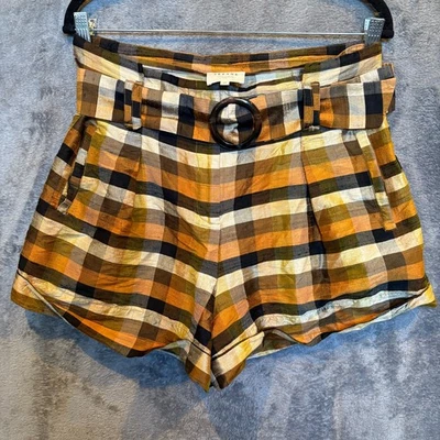 Шорты Sezane шелковые клетчатые коричневые оранжевые с поясом размер 40 США 8 для летнего пляжного отдыха - Изображение 1 из 4