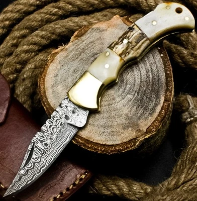 Navaja de bolsillo plegable de acero Damasco forjado a mano personalizada de 6,75", bloqueo trasero Foto 1 de 4