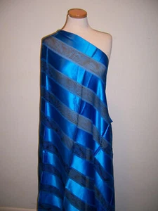 EUROPEAN DESIGNER FABRIC SILK RIBBON STRIPED CHIFFON BRIGHT ROYAL W/ BLK LEOPARD - Picture 1 of 4