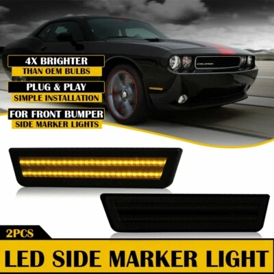 For 2008-2014 Dodge Challenger SMOKE Front Side Marker Lamp LED Strip Bumper SET - Image 1 of 4