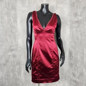 Vintage 90s Bebe Womens M Red Satin Empire Waist Lace Trim Cocktail Party Dress - Picture 1 of 9