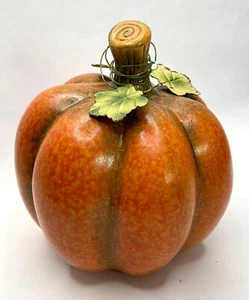 Ceramic Realistic Orange Decorative Pumpkin w/Metal Leaves Fall Home Decor￼ 6” - Picture 1 of 6