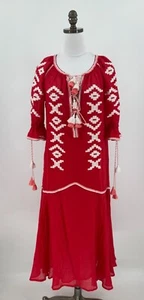 March 11 Womens Red Linen Embroidered Tie Front Long Dress Sz S NWOT - Picture 1 of 7