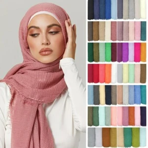 Pleated Plain Solid Color Hijab Scarf Muslim Turban Wrinkle Women Headscarf Wrap - Bild 1 von 78
