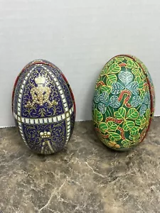 2 Bentley's of London Faberge Egg Metal Tin Irish Shamrock & Blue Gold Pattern - Picture 1 of 5