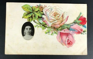Beautiful Victorian Girl Postcard Antique Greeting Card Rose Embossed Pink Roses - Picture 1 of 7