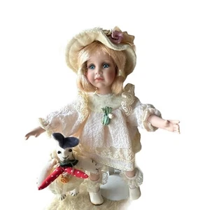 Vintage Porcelain Little Girl Doll Holding a Rabbit - Stand Included - Picture 1 of 10
