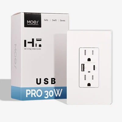 MOES Wall Electrical Outlet 30W USB Type C/A PD Fast Charging Receptacle 15/20A - Image 1 of 4