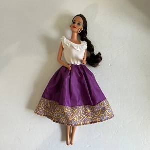 Vintage Barbie Purple White Peasant Dress Brown Hair - Picture 1 of 3