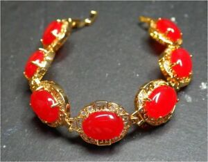 Red Jade Cabochon Imitation Diamond Yellow Gold Plated Flower Bangle Bracelet