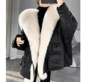 Womens Fox Fur Collar Duck Cotton Warm Winter Snow Coat Jacket Outwear Loose - Picture 1 of 7