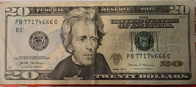 Circulated $20 Twenty Dollar Bill with 3 sevens 7 and ending with 666 - Image 1 of 2