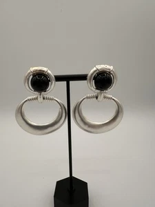 Vintage SilverTone Black Cabochon Door Knocker Oval Hoop Clip Earrings - Picture 1 of 5