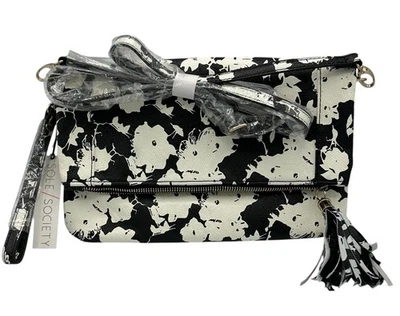 Bolso sin asas plegable magnético de cuero granulado floral blanco y negro Sole Society nuevo con etiquetas Foto 1 de 4