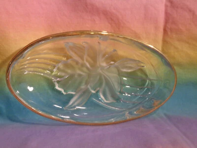 Studio Nova Etched Glass Frosted Orchid Flower Oval Candy Dish Gold Trim - Image 1 of 4