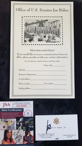 *RARE* hand signed Official US Senate Business card - President Joe Biden w/ JSA Cover