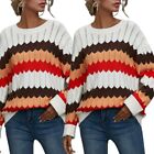 Women Long Sleeve Color Block Wavy Stripes Sweater Rainbow Knitted Jumper Tops